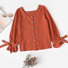 Shein Knot Detail Cuff Solid Blouse