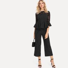 Shein Striped Print Lace Insert Peplum Top & Loose Pants Set