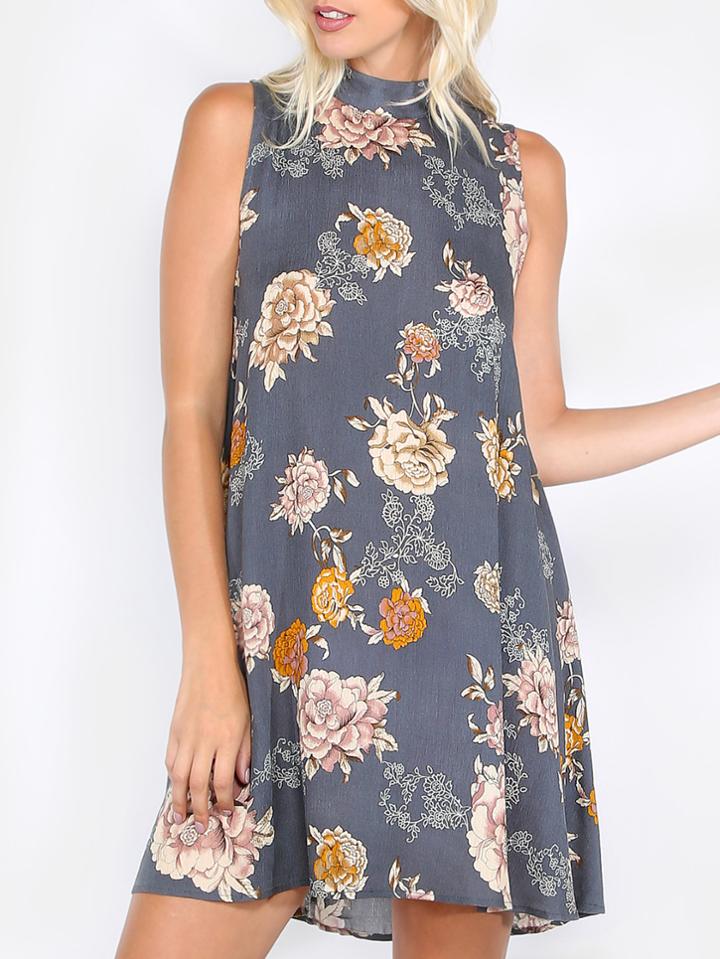 Shein Floral High Neck Sleeveless Dress Navy
