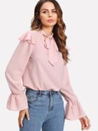 Shein Flounce Shoulder And Cuff Tied Neck Blouse