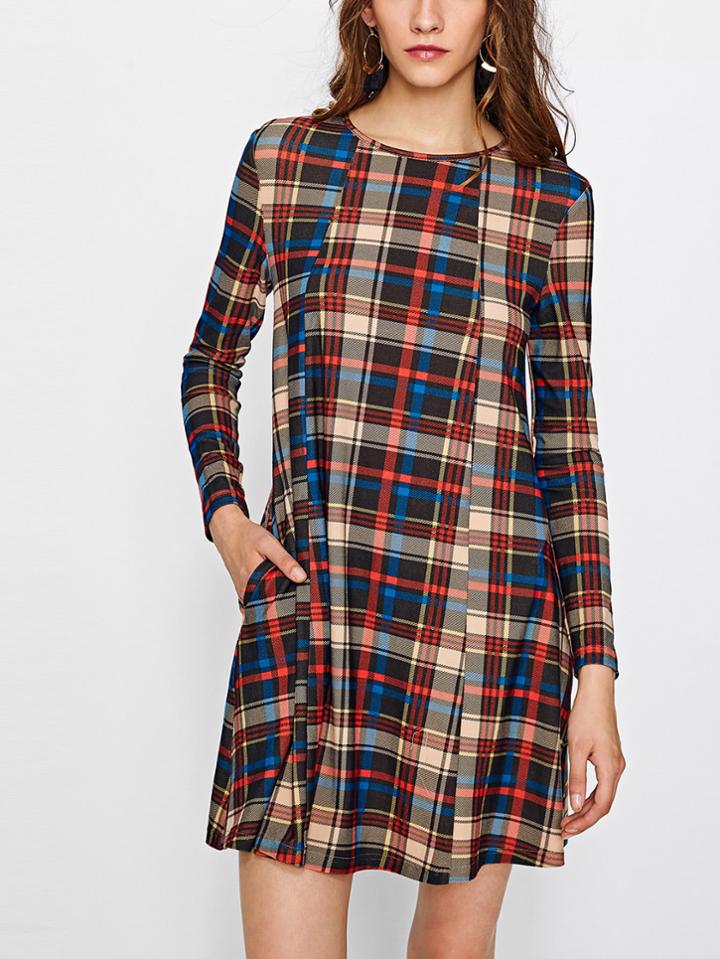 Shein Hidden Pocket Side Checkered Trapeze Dress