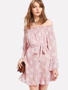 Shein Shirred Bardot Self Tie Polka Dot Dress