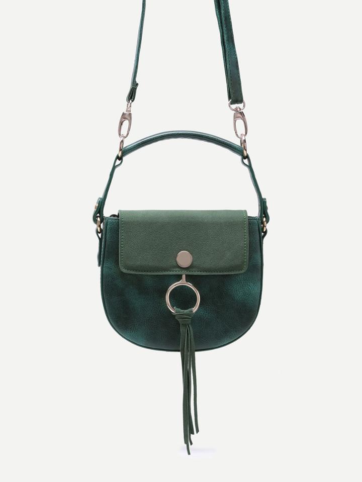 Shein Green Tassel Trim Faux Leather Saddle Bag