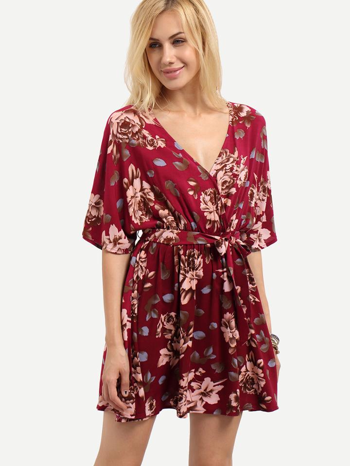 Shein Multicolor V Neck Floral Tie Waist Dress