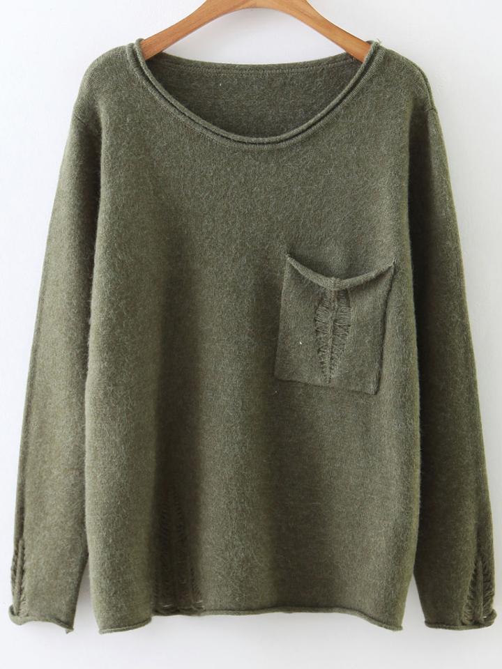 Shein Army Green Rolled Trim Ripped Knitwear With Pocket