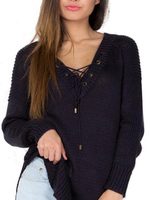 Shein Black Lace Up Embellished V Neck Split Sweater