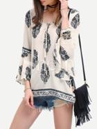 Shein Black White Print Bell Sleeve Lace Up Blouse