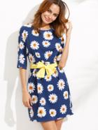 Shein Blue Random Daisy Print Elbow Sleeve Dress