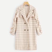 Shein Ruffle Trim Double Breasted Plaid Coat