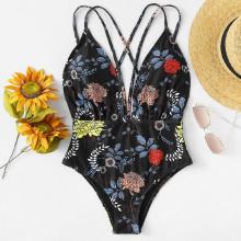 Shein Botanical Print Plunging Neck Swimsuit