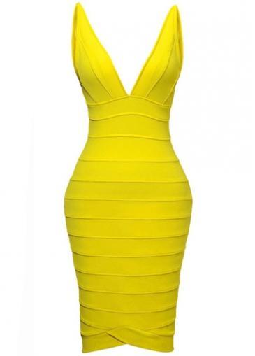 Rosewe Shiny Yellow V Neck Sleeveless Bandage Dress For Woman