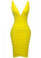 Rosewe Shiny Yellow V Neck Sleeveless Bandage Dress For Woman