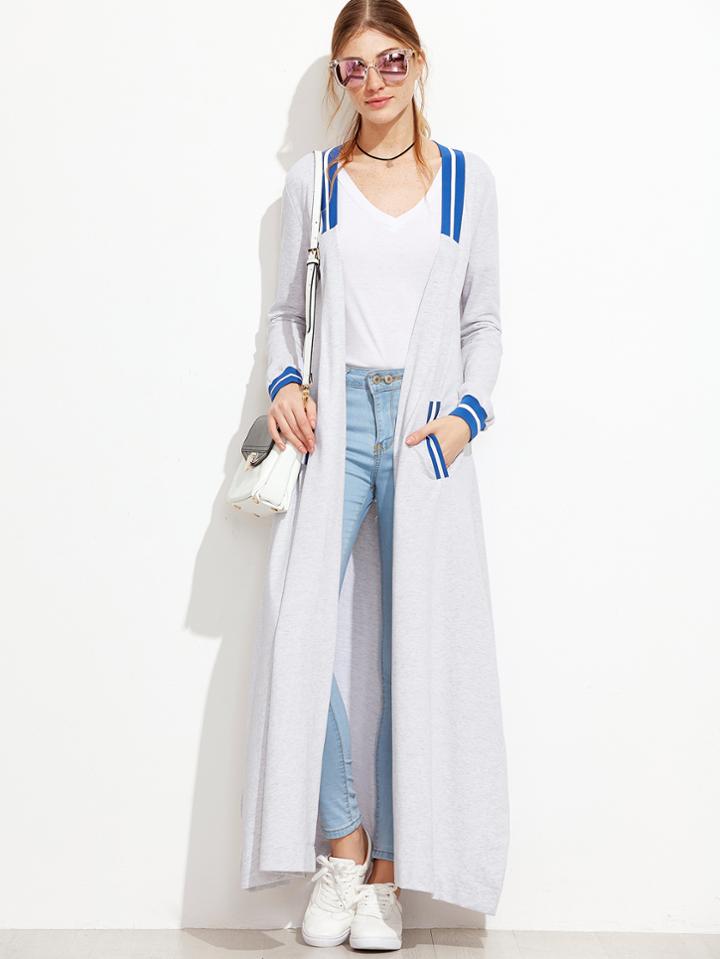 Shein Grey Striped Trim Side Slit Longline Coat
