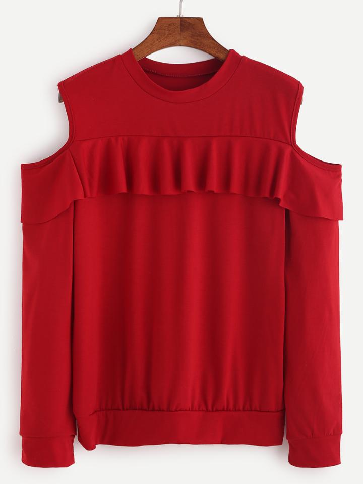 Shein Red Open Shoulder Ruffle Trim Sweatshirt
