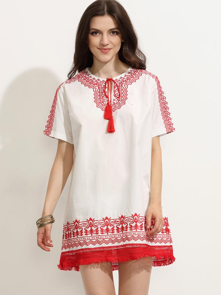 Shein White Tie Neck Embroidered Contrast Fringe Dress