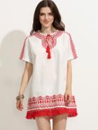 Shein White Tie Neck Embroidered Contrast Fringe Dress