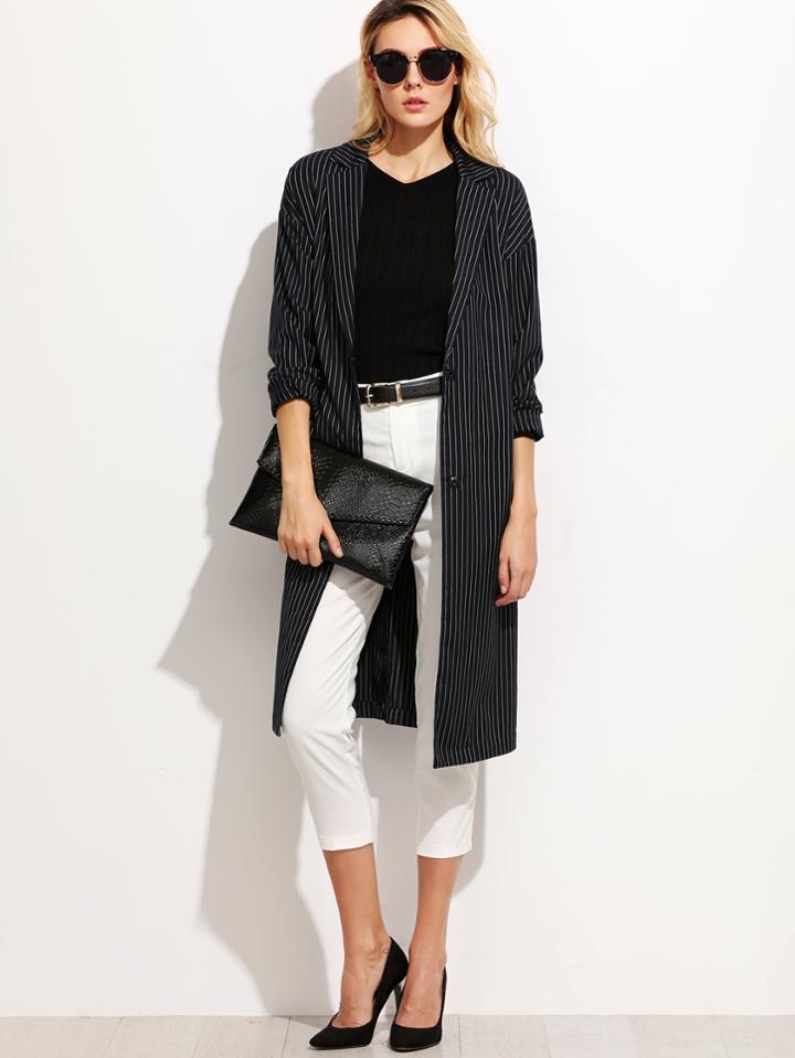 Shein Pinstripe Hidden Button Overcoat