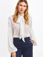 Shein White Tie Neck Lantern Sleeve Dotted Blouse