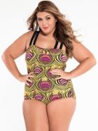 Shein Plus Size Peacock Feather Print One-piece Swimwear - Yellow