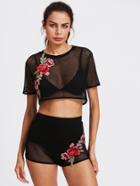 Shein Flower Patch Fishnet Top And Knicker Insert Shorts Set