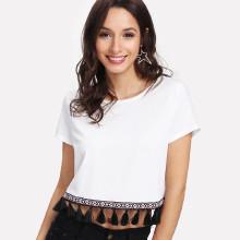 Shein Embroidered Tape & Tassel Hem Tee