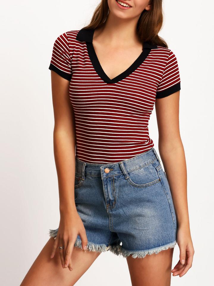 Shein Burgundy V Neck Short Sleeve Striped Knitwear