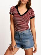 Shein Burgundy V Neck Short Sleeve Striped Knitwear