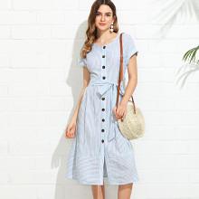Shein Button Through Pinstripe Dress With Belt