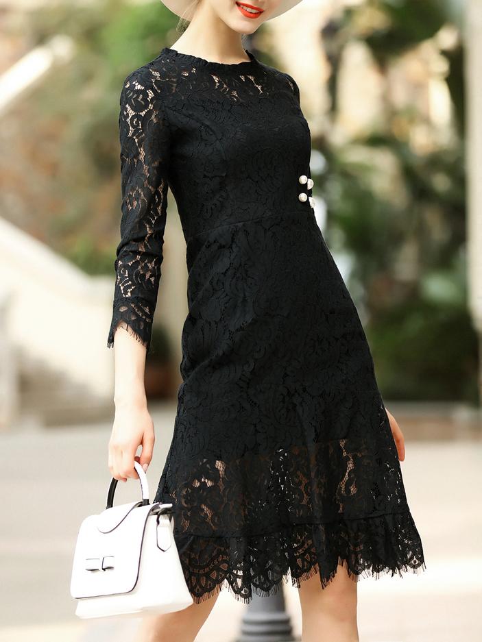 Shein Black Crew Neck Beading Lace Dress