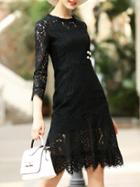 Shein Black Crew Neck Beading Lace Dress