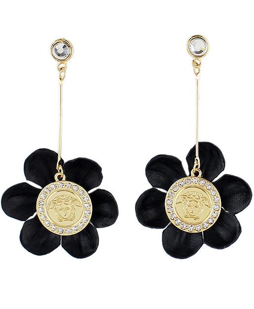 Shein Black Flower Diamond Gold Earrings