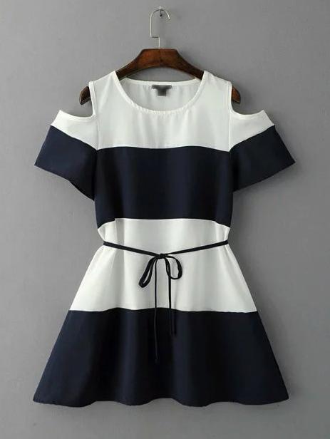 Shein Color Block Cold Shoulder Dress With Sashes