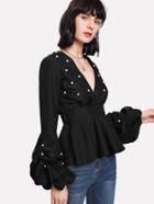 Shein Pearl Beading Gathered Sleeve Peplum Top