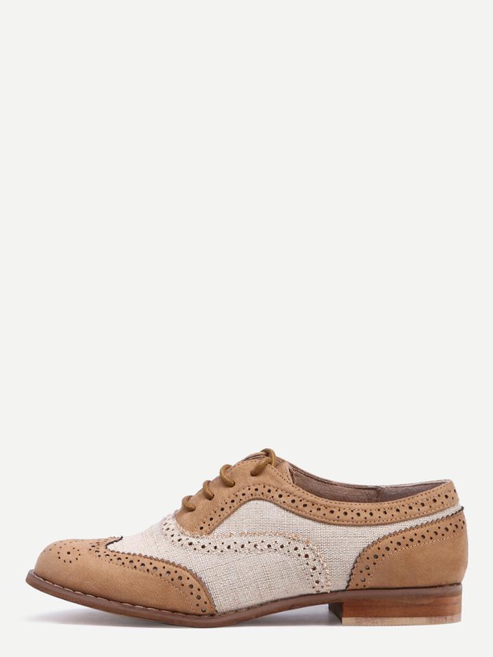 Shein Contrast Faux Suede Oxford Flats - Camel