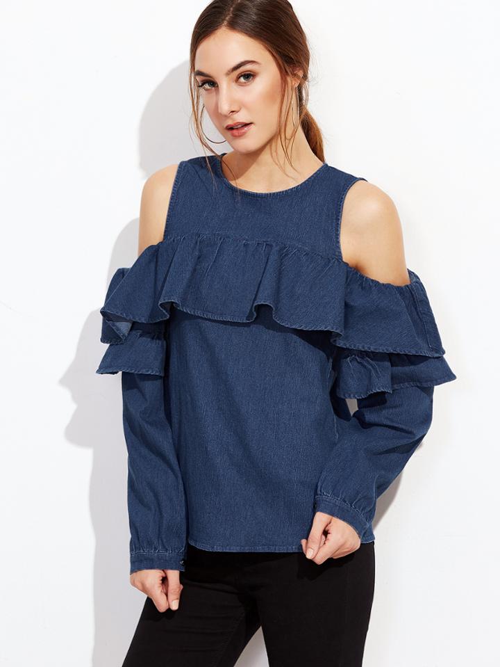 Shein Navy Cold Shoulder Ruffle Denim Top