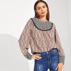 Shein Keyhole Back Lace Trim Retro Print Top
