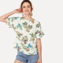 Shein Tropical Print Crisscross Back Ruffle Sleeve Top