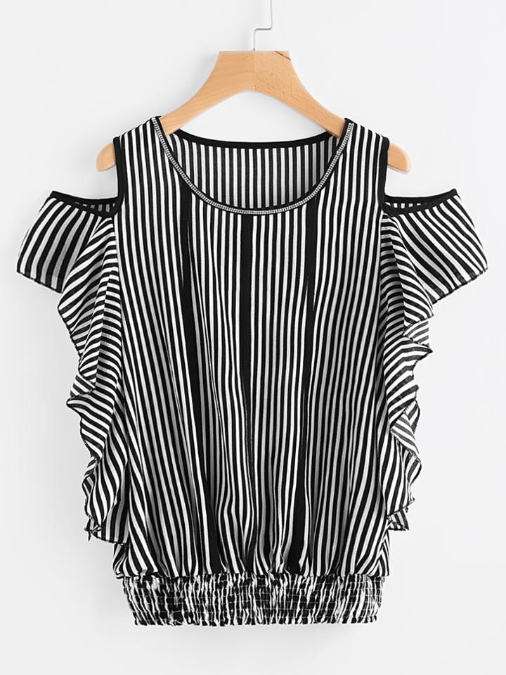 Shein Contrast Vertical Striped Open Shoulder Frill Blouse