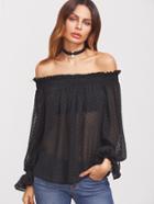 Shein Black Smocked Off The Shoulder Bell Cuff Dotted Jacquard Sheer Top