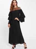 Shein Embroidered Mesh Shoulder Layered Bell Sleeve Dress