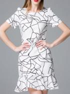 Shein White Short Sleeve Jacquard Frill Dress