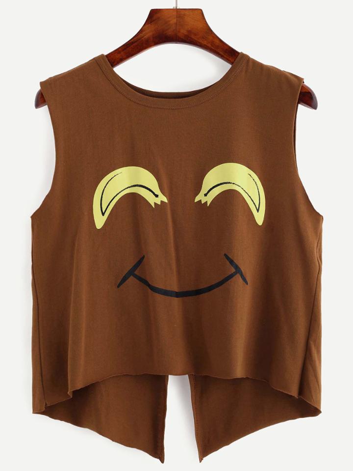 Shein Brown Smiley Face Print Open Back Tank Top