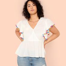 Shein Plus Pompom Detail Surplice Wrap Top
