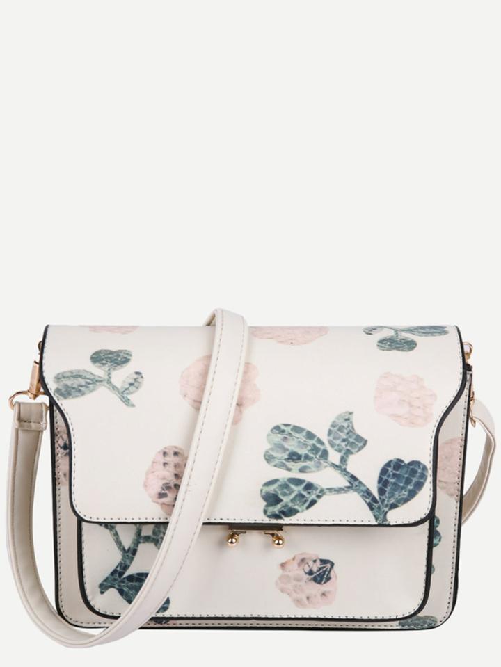 Shein White Pu Floral Print Flap Shoulder Bag