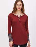 Shein Burgundy Contrast Tribal Print Cuff Button Front T-shirt