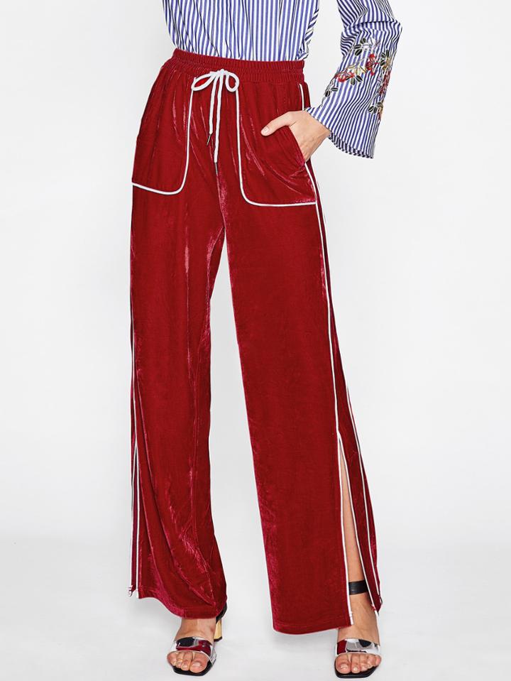 Shein Tipping Detail Slit Side Velvet Pants
