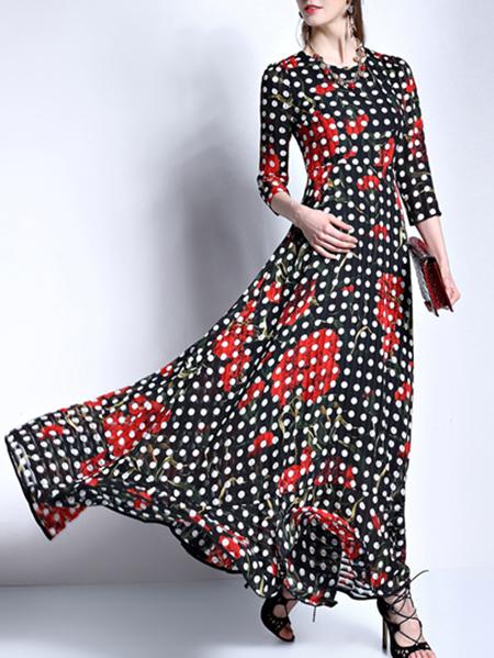 Shein Black Crew Neck Polka Dot Maxi Dress