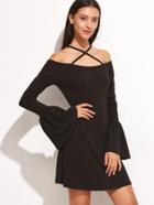 Shein Black Crisscross Cold Shoulder Bell Cuff Ribbed Dress