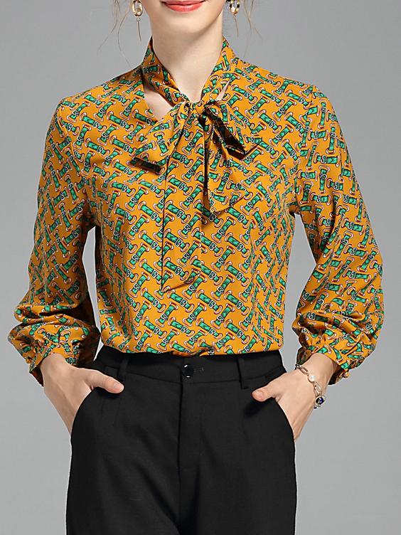Shein Yellow Tie Neck Print Blouse