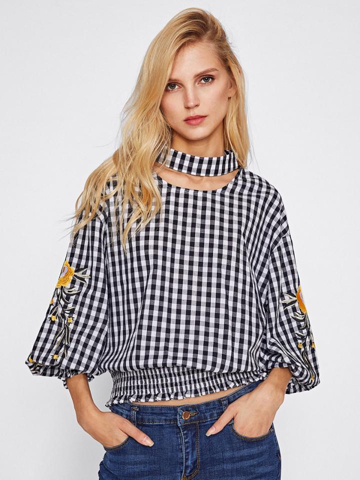 Shein Choker Neck Embroidered Lantern Sleeve Smocked Gingham Top